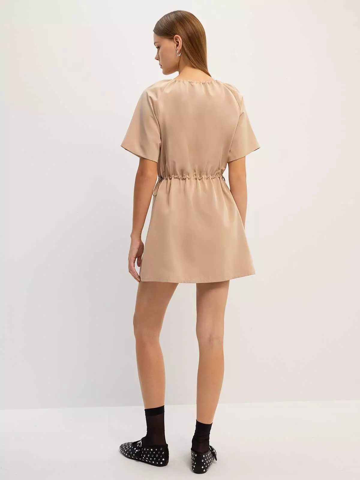 Ruched Drawstring Short Sleeve Mini Dress - Beige