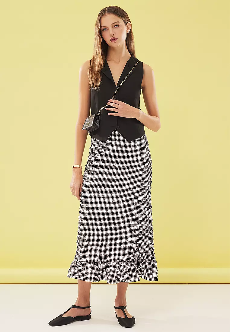 Black Seersucker Fabric Gingham Pattern Maxi Length Woven Skirt