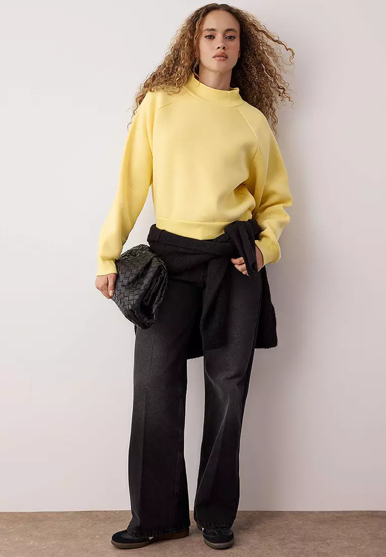 Light Yellow Raglan Sleeve Oversize/Wide Pattern Thick Polar Fleece Knitted Sweatshirt