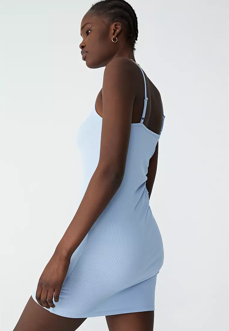 Sky Blue Ruched Strappy Bodycon Dress –
