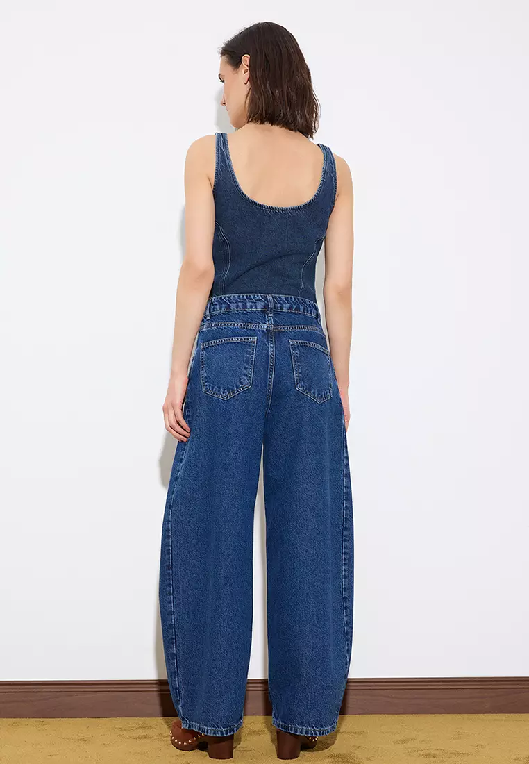 Limited Edition Blue Draped High Waist Baggy Jeans With Stitching Detail Twoss26Je8