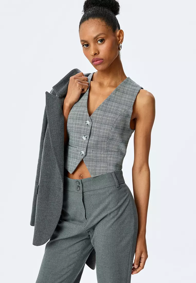 V-Neck Viscose Blend Slim Fit Plaid Sleeveless Crop Vest With Pocket