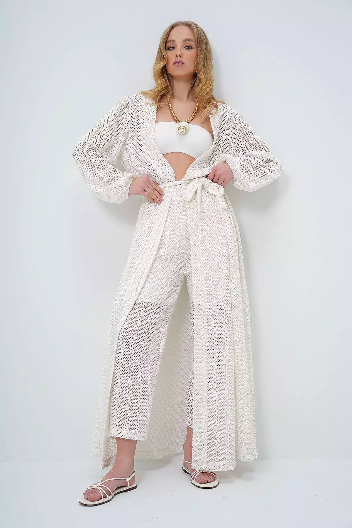 Women's Ecru Self-Textured Openwork Long Trouser Kimono Set