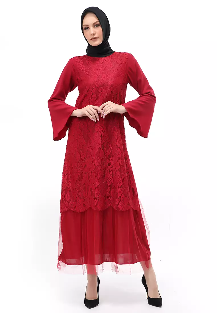 Regita Gamis Brukat Muslimah Wanita Long Dress Regular Fit - Maroon
