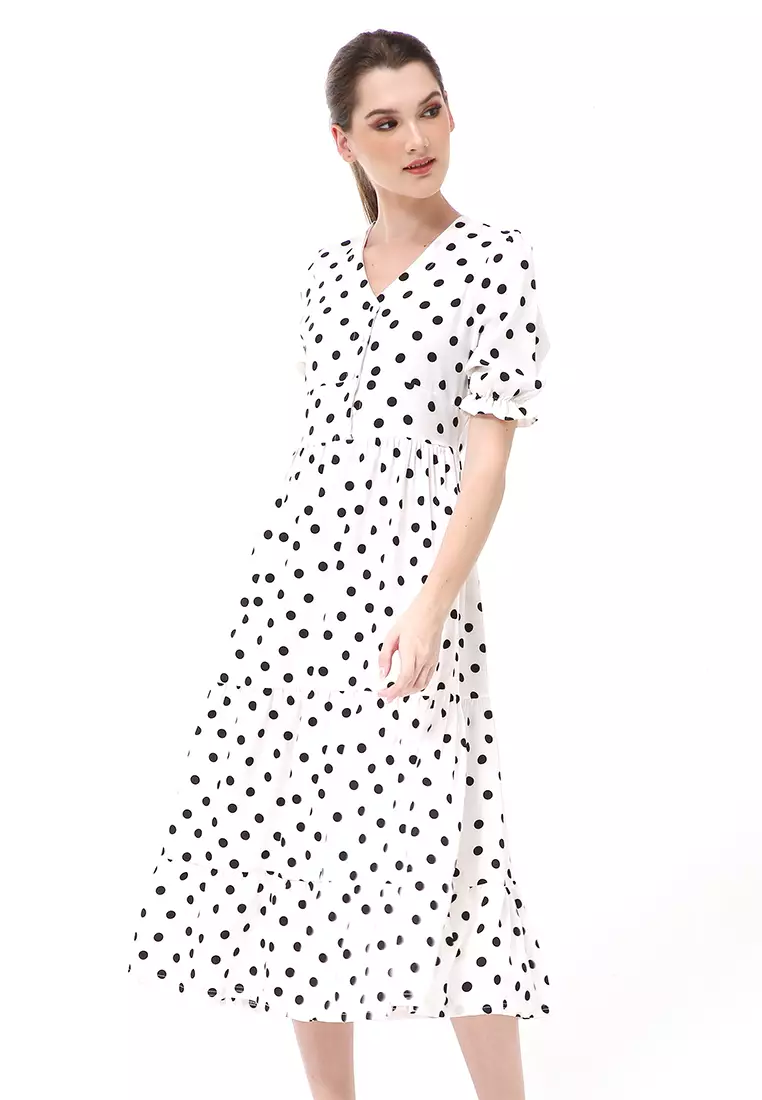 Rachel Midi Dress Wanita Vneck Lengan Pendek Desain Karet Material Polyester ORIGINAL - White