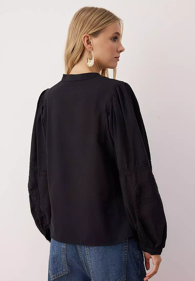 Black Sleeve Lace Stripe Detailed Boho Shirt