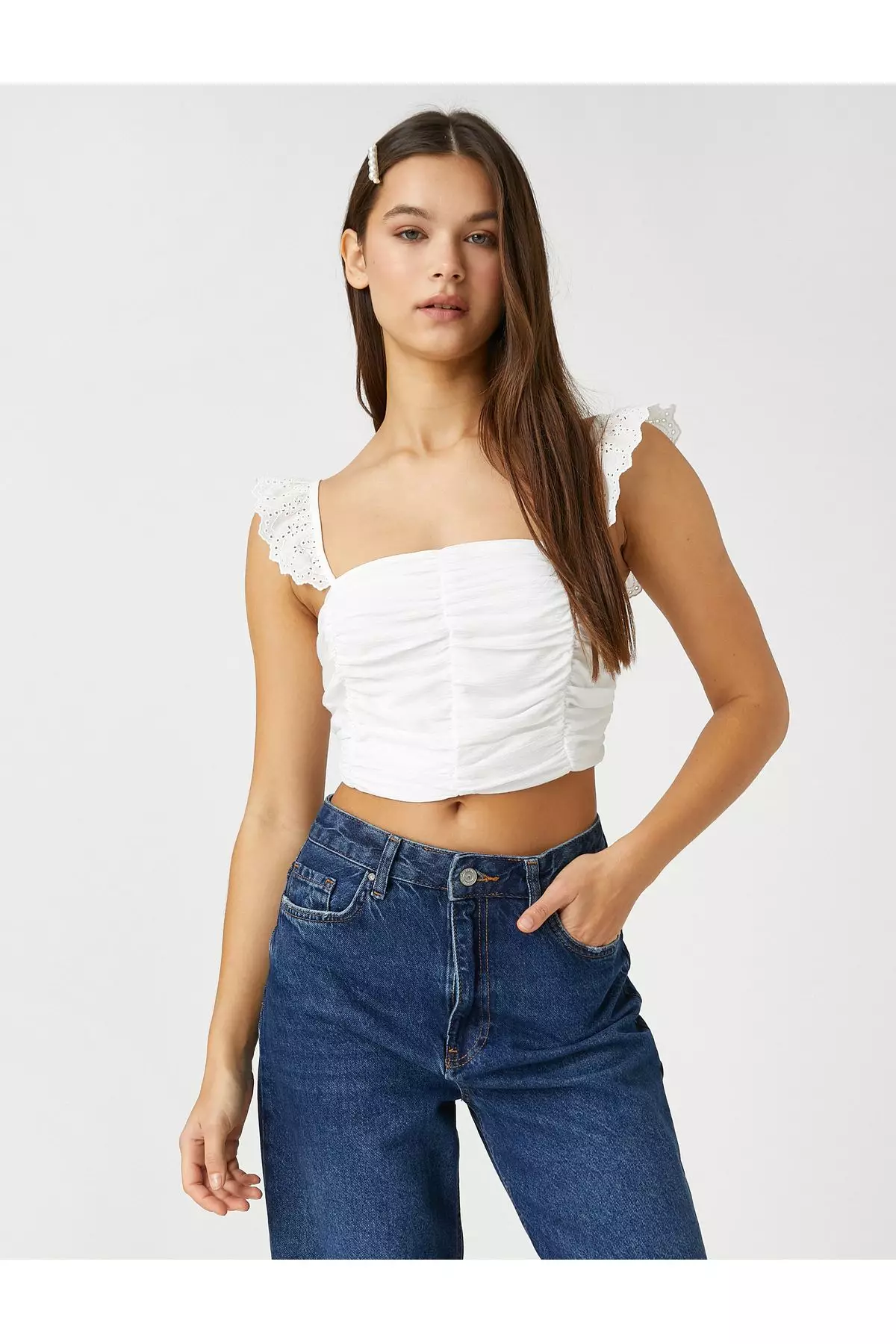 Buy KOTON Crop Top Embroidered Frilly Strap Detailed Pleated