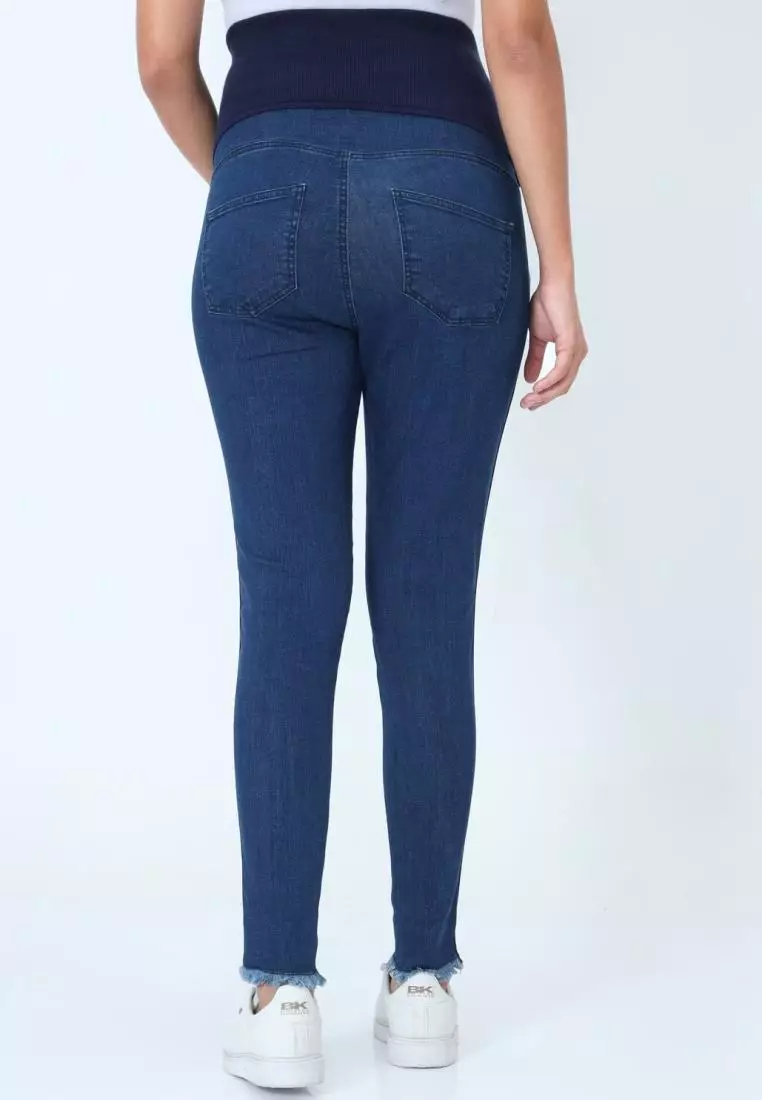 Distress Taped Maternity Denims with Belly Support-Blue