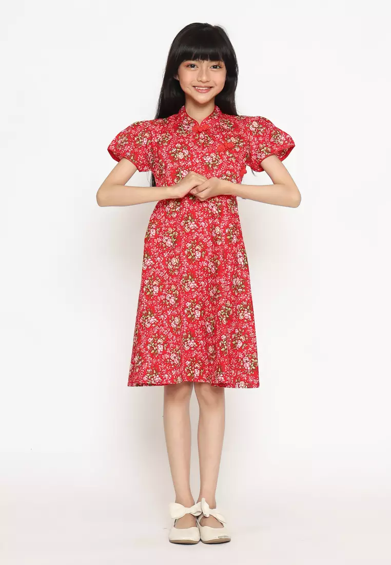 Dress Anak Perempuan Kerah Mandarin Bunga Red - CUTE