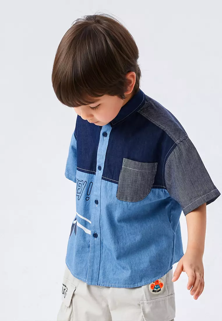 男大童短袖衬衫趣味拼接设计帅气短袖衬衣