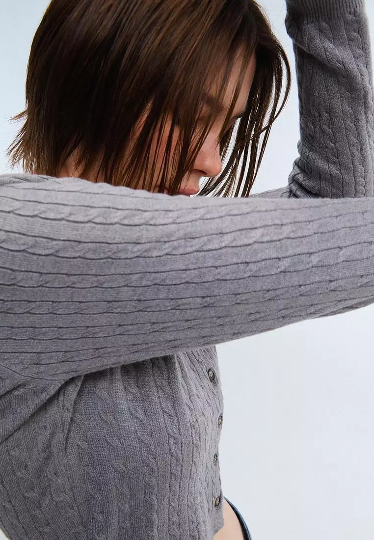 Ribbed Button Front Knit Cardigan - Grey