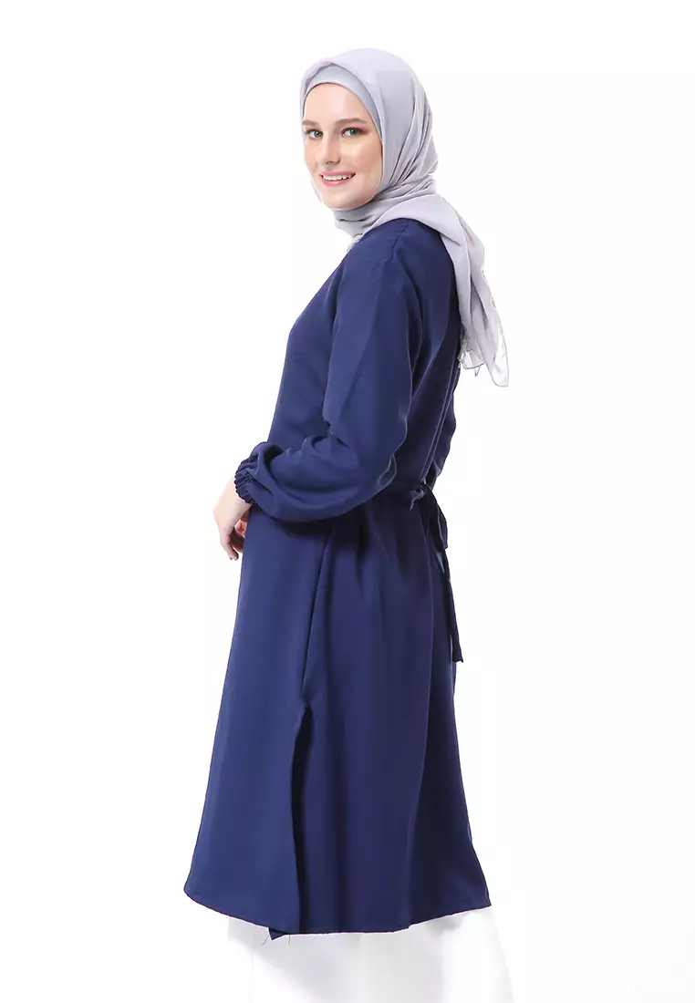 Indira Long Tunik Muslimah Atasan Wanita Long Sleeve Casual Premium Quality - Navy