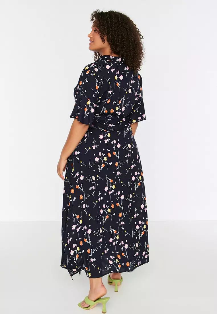 Navy Blue Floral Pattern Woven Slit Detailed Dress Tbbss22El1612