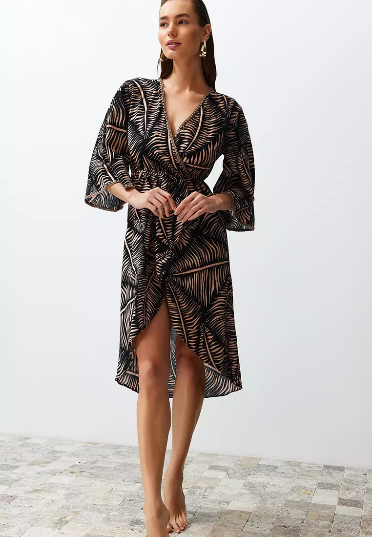 Ethnic Patterned Midi Flounce Beach Dress