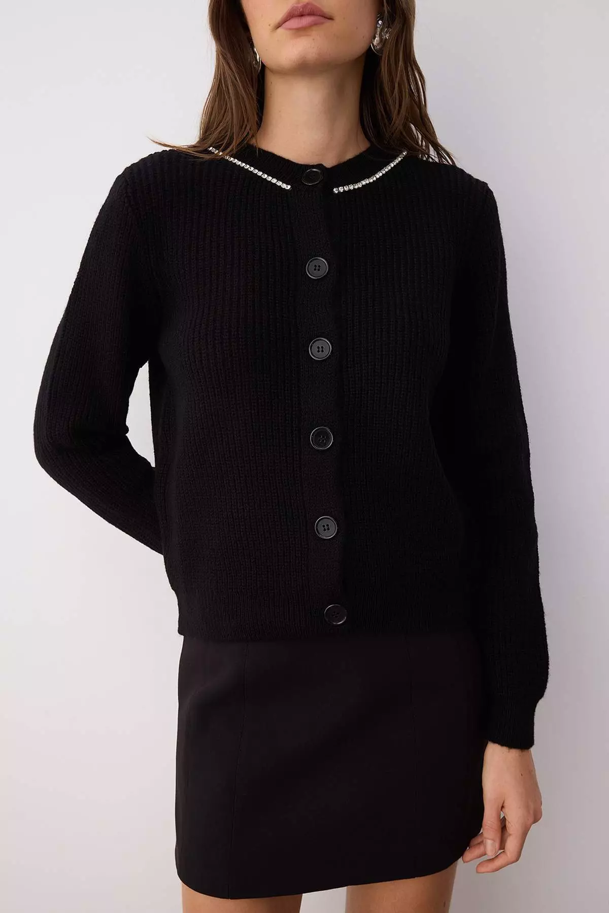 Black Stone Embroidered Soft Texture Knitwear Cardigan