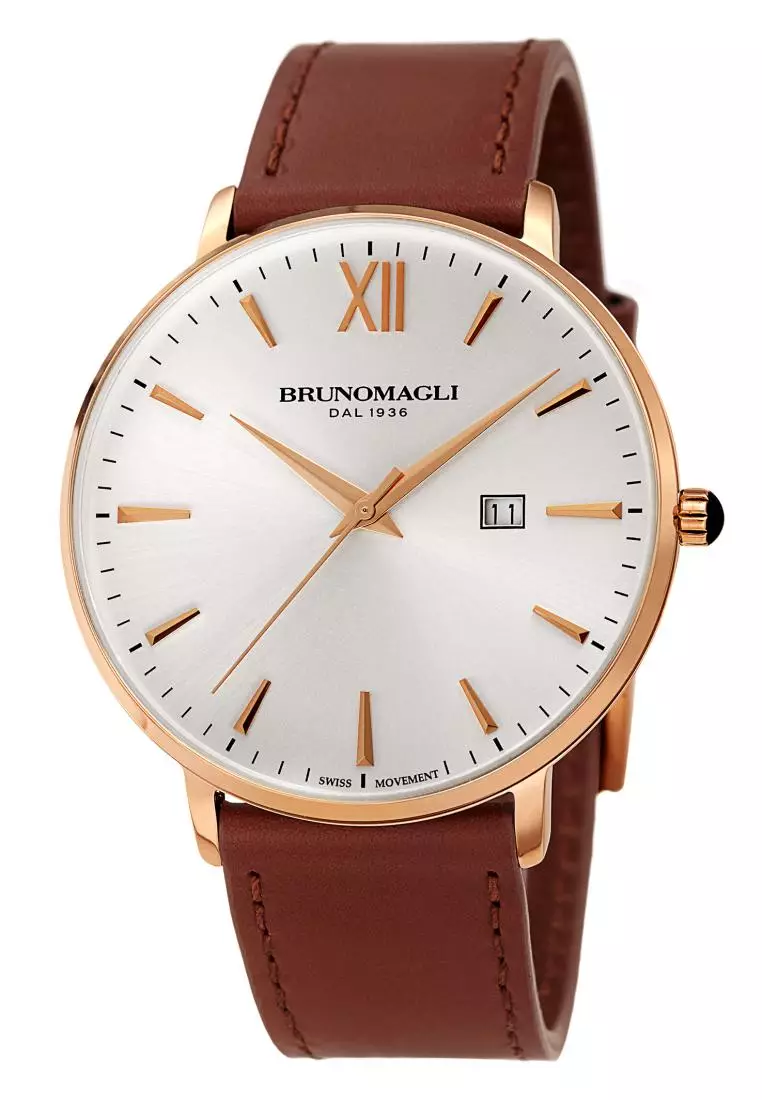 Jam Tangan Pria Bruno Magli Roma Rose Gold Bezel Brown Leather Strap  18.181161.RE