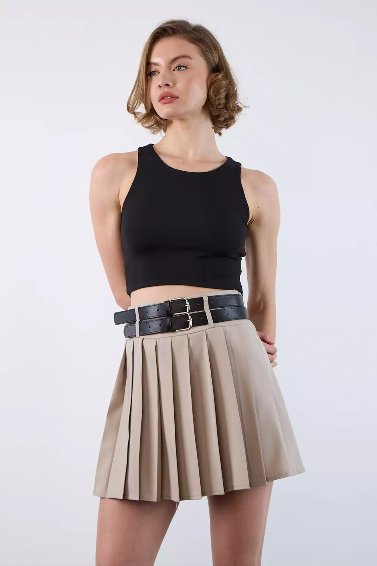 Buy Trendyol Stone Double Belted Pleated Mini Skirt 2025 Online