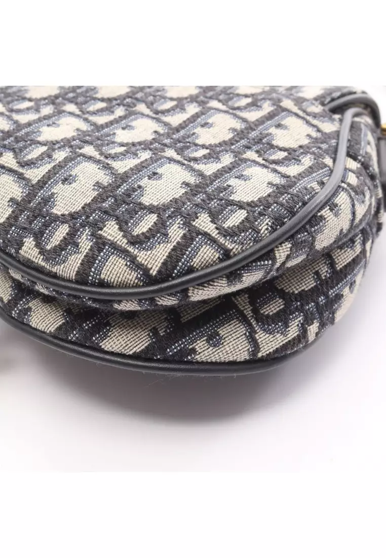 Pre-Loved Christian Dior saddle bag mini oblique jacquard Handbag canvas leather ivory Navy