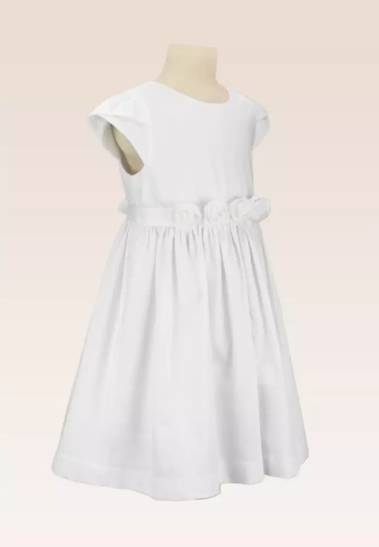 Harriet Communion White Girls Dress with Grosgrain Ribbon Belt and Flower details