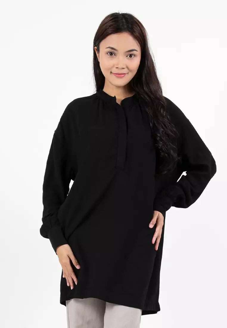 Forest Ladies Linen Oversized Band Collar Plain Blouse Women Long Sleeve Tunic | Baju Perempuan - 822391-01Black