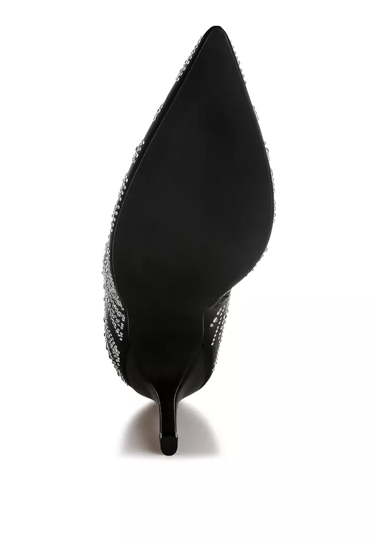 Sepatu Bot Pesta Satin Rhinestone Ankle Warna Hitam