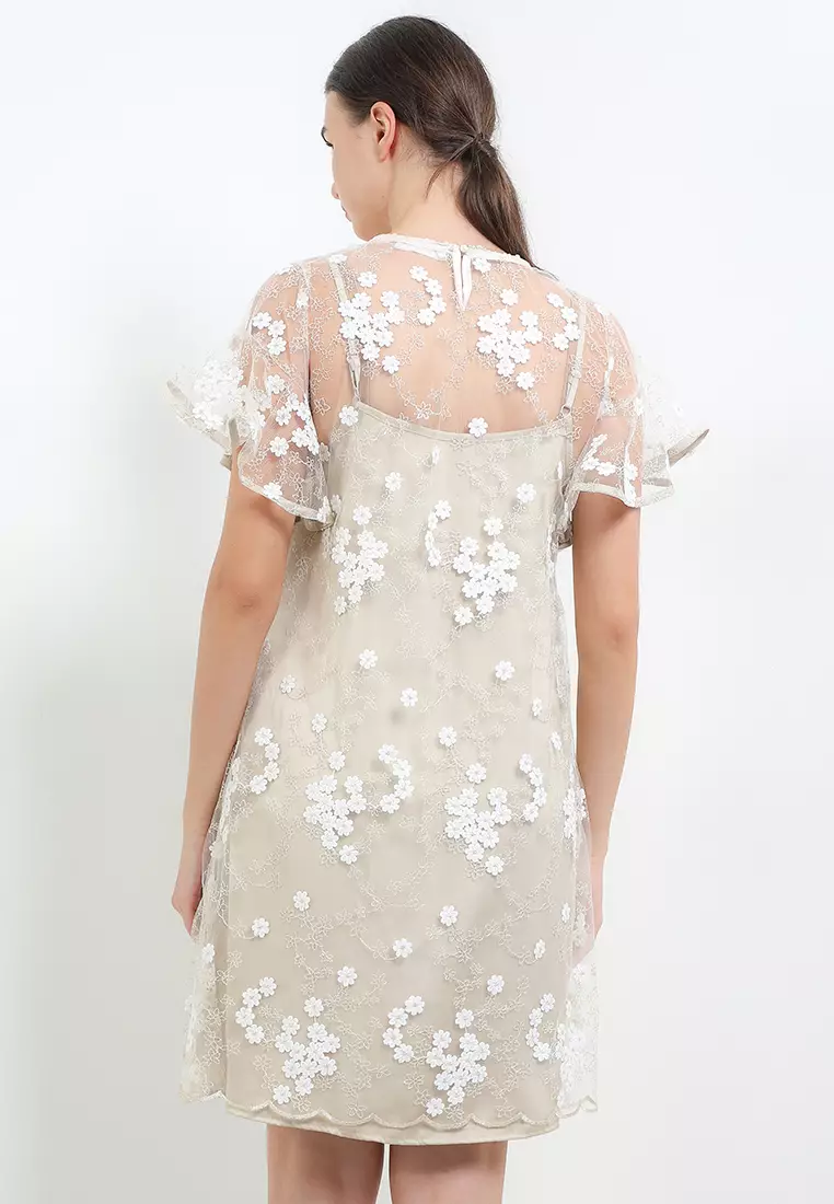 Embellished Ruffle Slv Emb Tulle Drs W Separate Inner