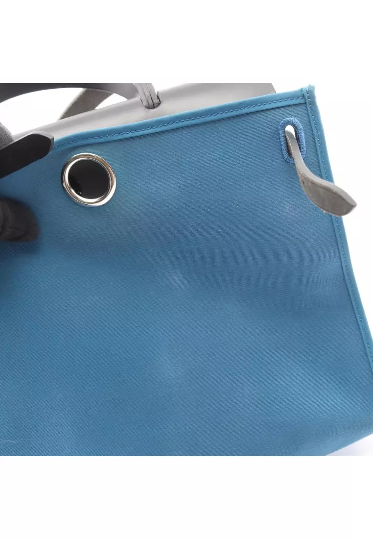 Pre-Loved Hermès herBag Zip PM Handbag Toile Officier vache hunter blue black silver hardware 2WAY A stamp