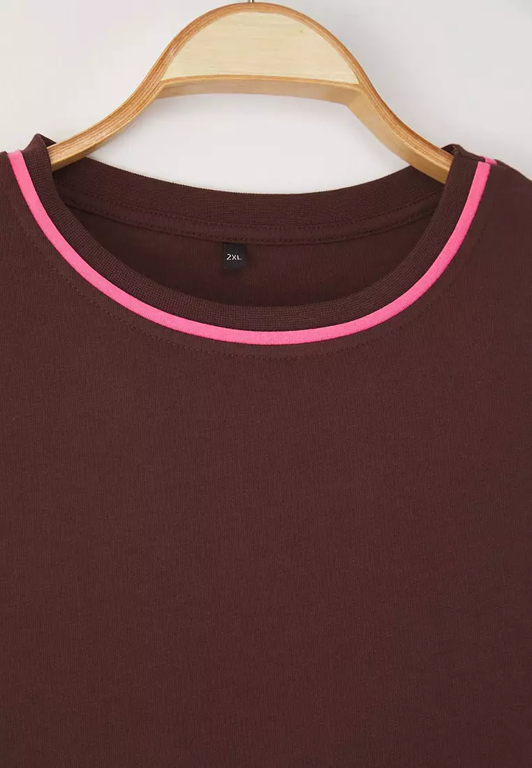 Brown Crew Neck Piping Detailed Basic Plus Size T-shirt TBBSS25BF00050