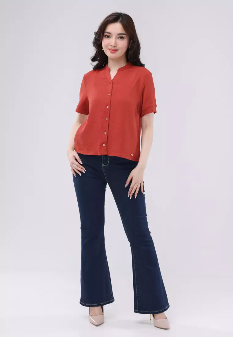 Linen Wrinkles Short Sleeves Chinese Collar Blouse