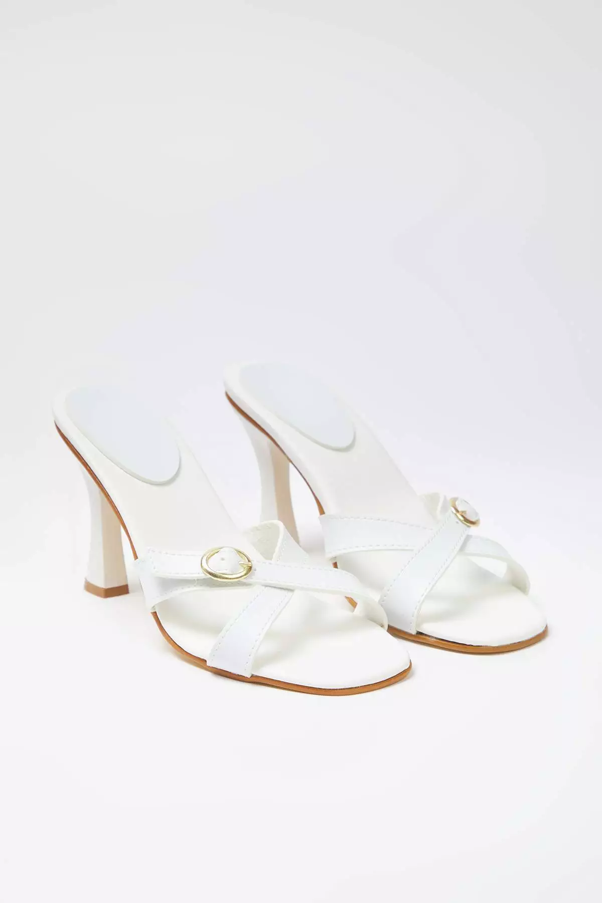 White Gold Buckle Square Toe Women Heels Slippers Takss25To00035