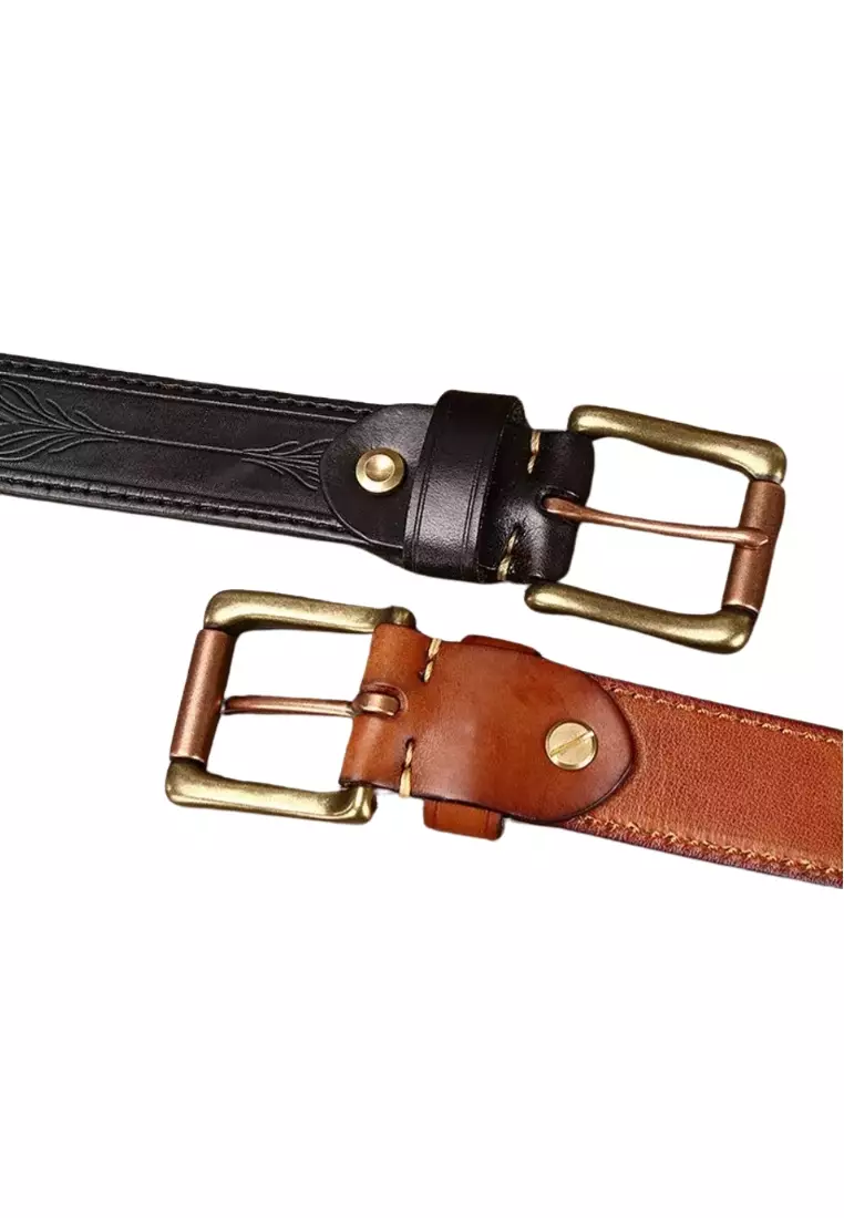 Embossed leather belt with copper buckle available on both sides