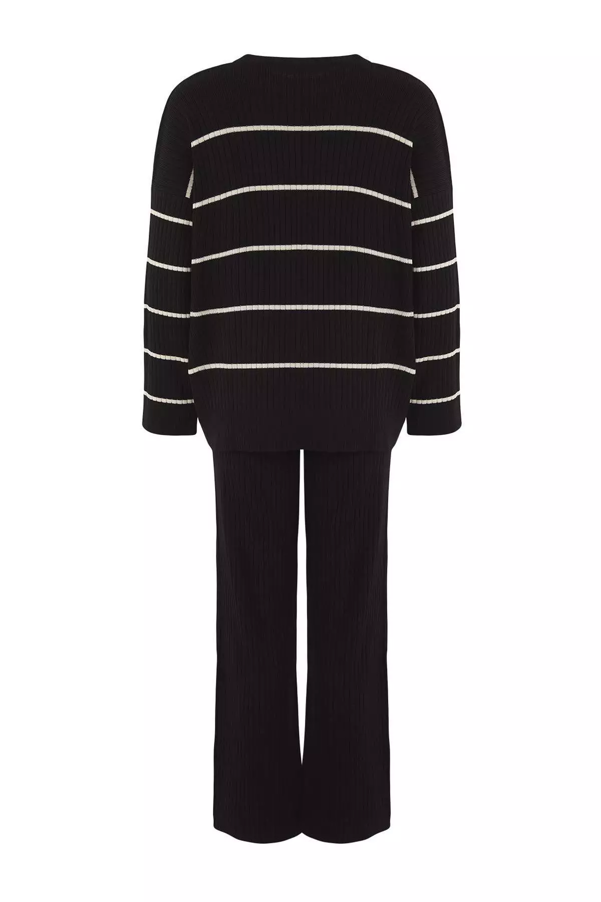 Black Wide Fit Striped Basic Ribbed Knitwear Bottom Top Set