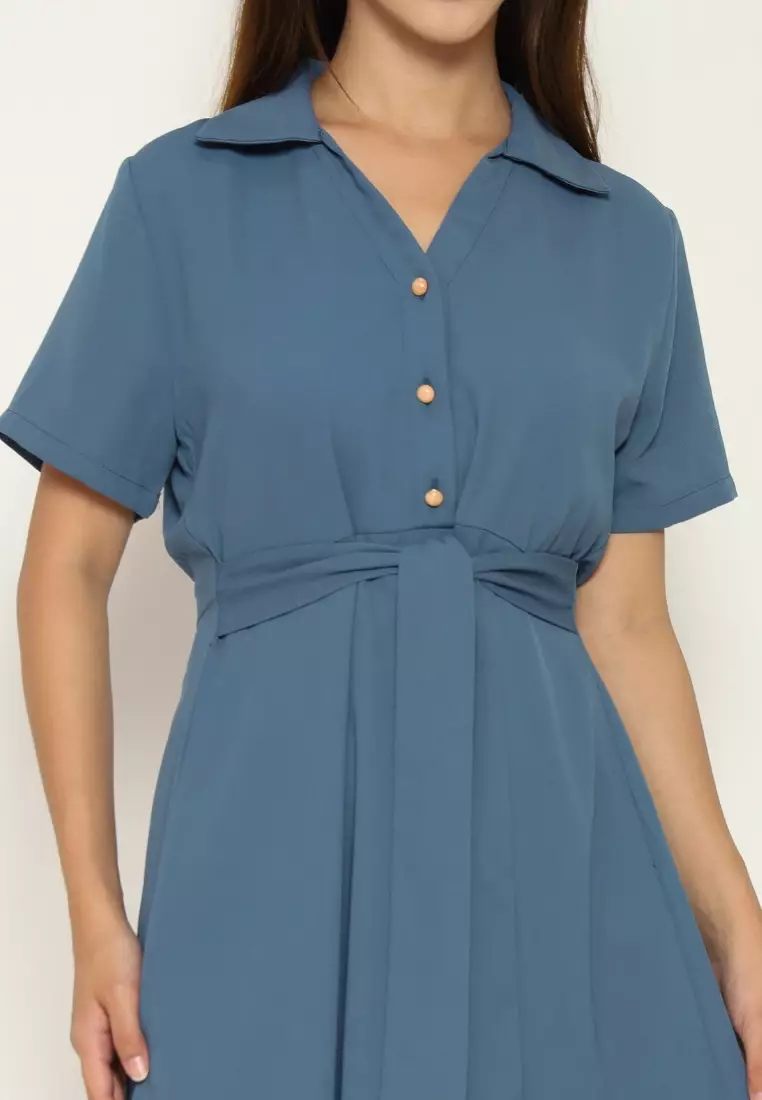 Urban Exchange Shanika Dress Blue - Midi Dress Blue Dress Biru