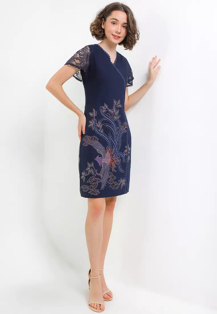 Dress Wanita Bodyfit Batik Furing Lining Firanza Blue Navy