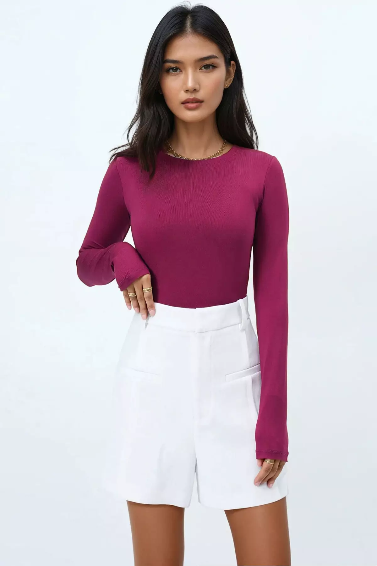 Women's Burgundy Crew Neck Overalls With Snap Buttons On The Bottom Blouse Alc-X14388