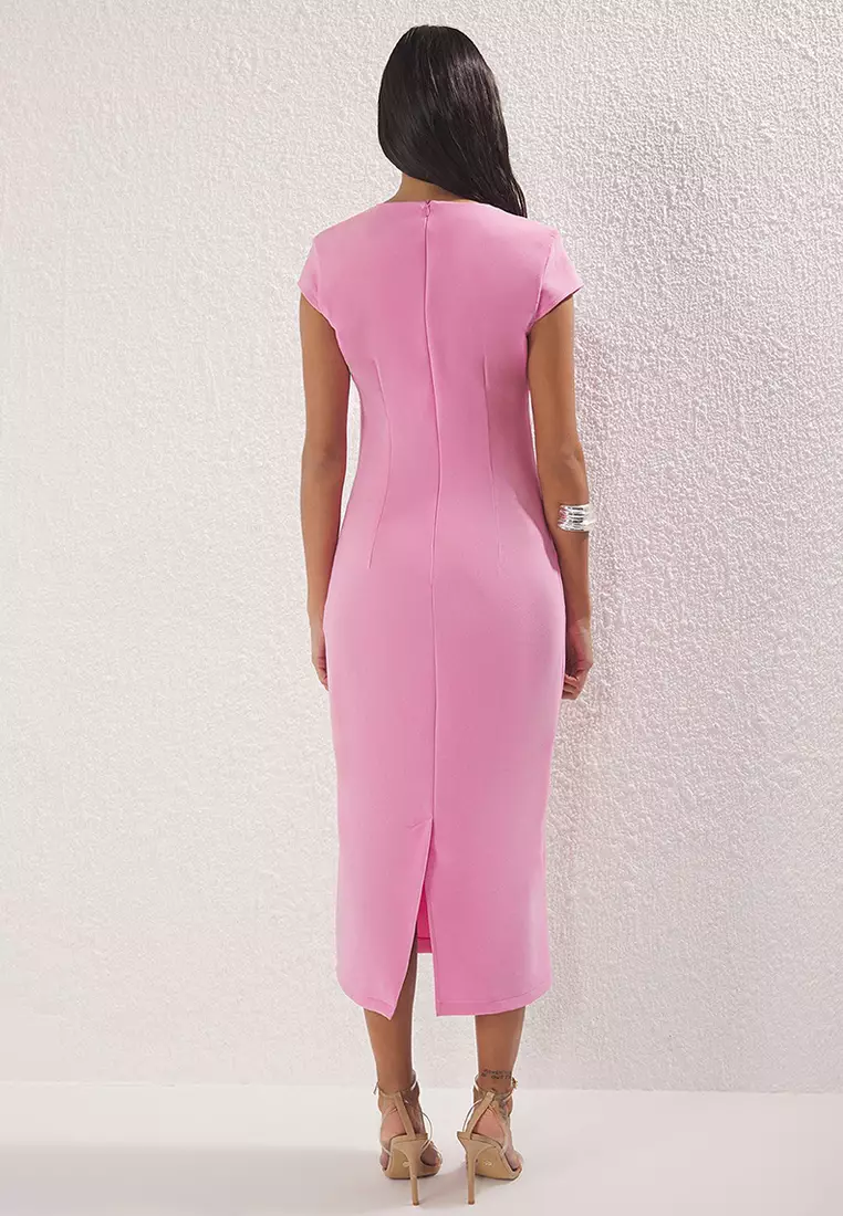 Pink Belted Straight Body-Hugging Midi Woven Dress Twoss25El00211