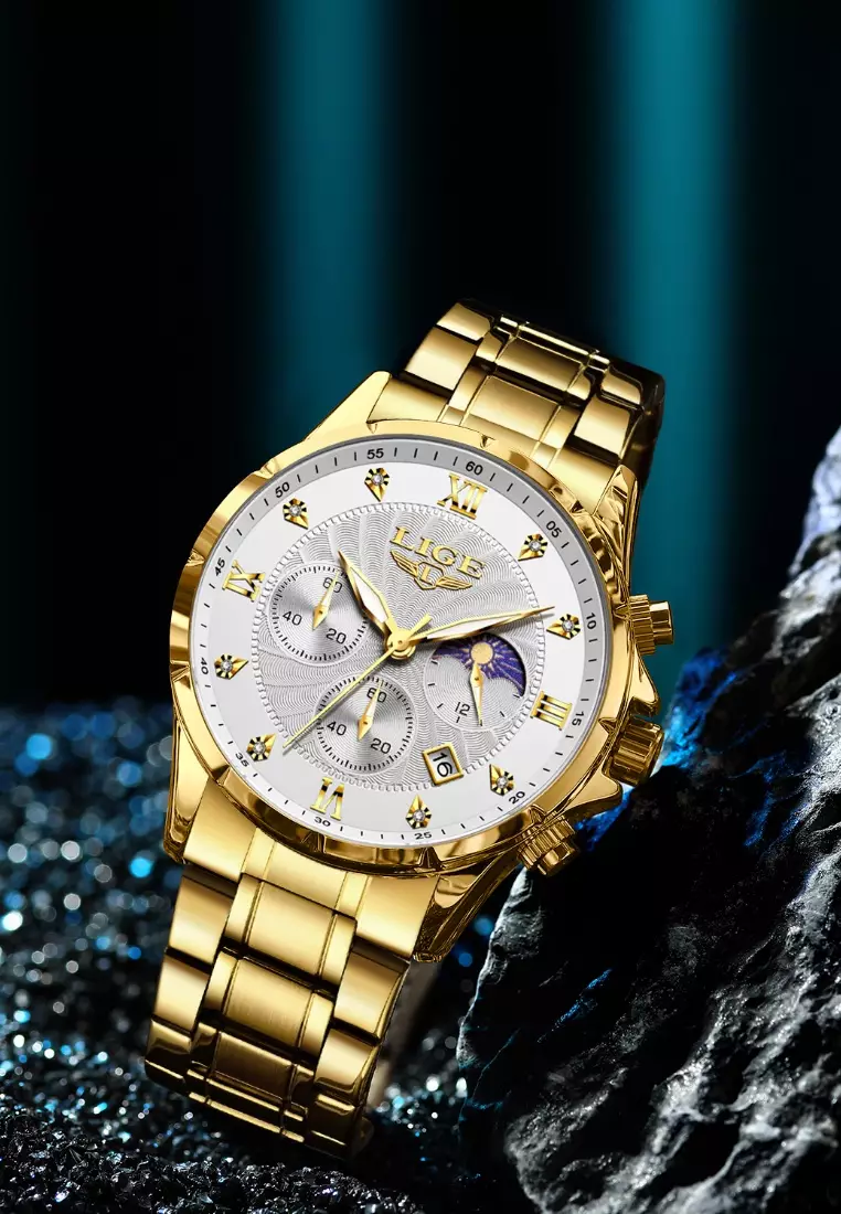 Chronograph Unisex IP Gold Color Stainless Steel Quartz Watch, black dial, Metal Bracelet