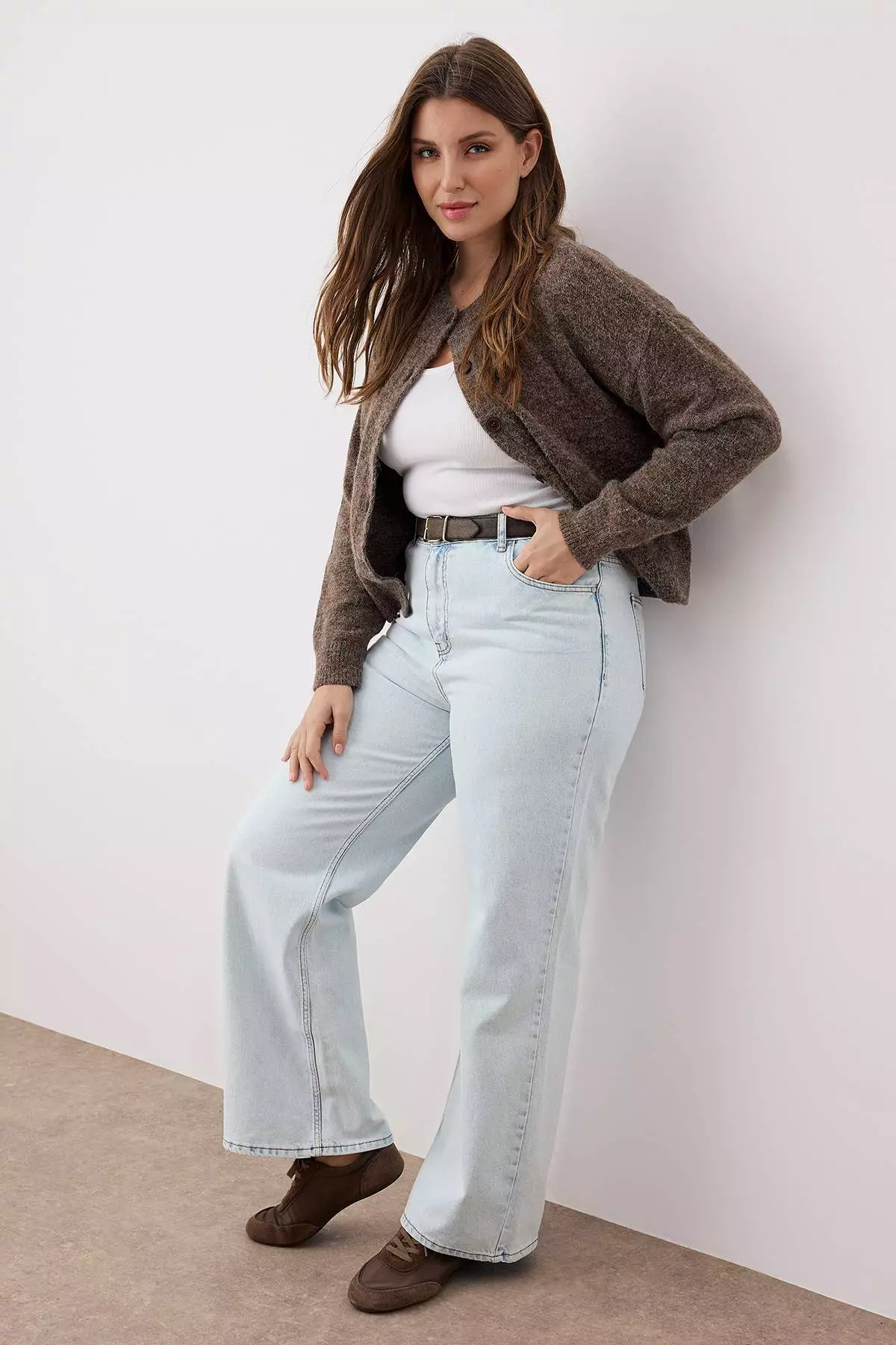 Ice Blue High Waist Wide Leg Denim Plus Size Jeans