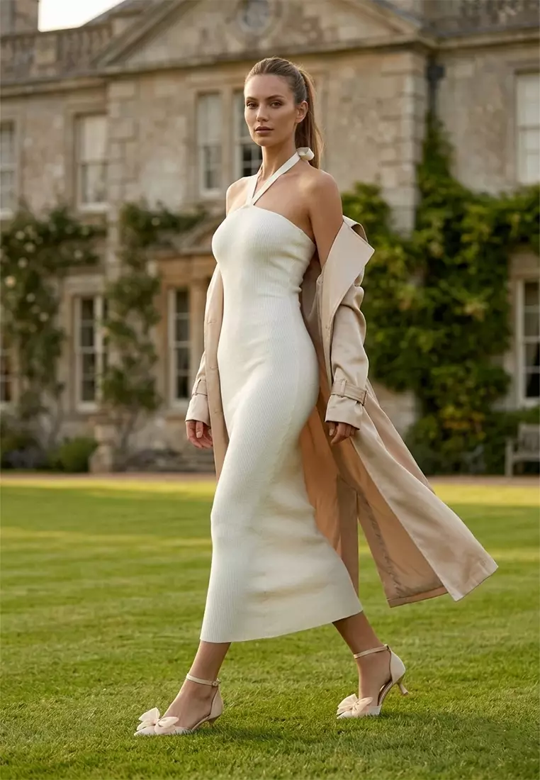 Halter Neck Bodycon Maxi Dress in Cream