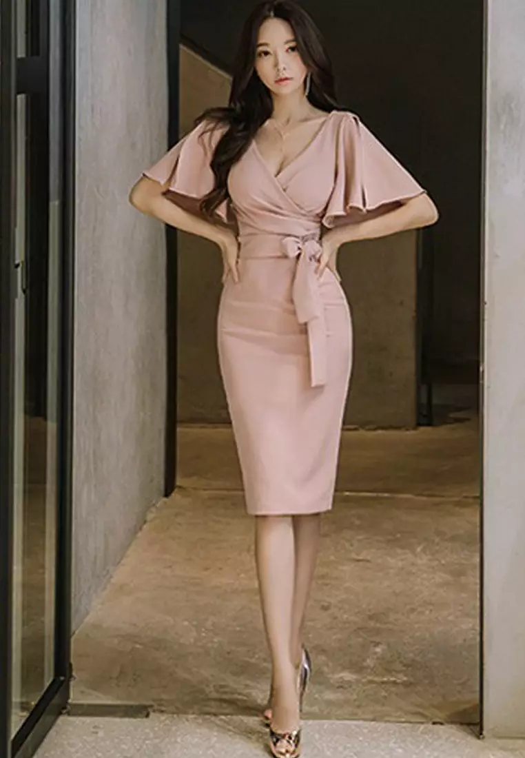 Spring New V-neck Hem Sleeve One Piece Dress UA031998-0