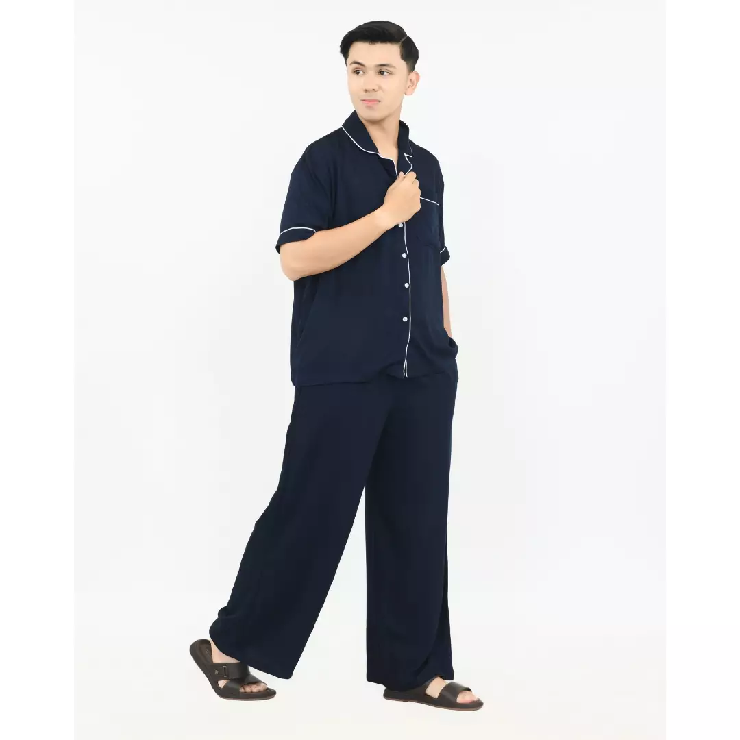 Setelan Baju Tidur Pendek Piyama Pria Plain [NAVY] One Set Sleepwear Pajamas Material Katun ORIGINAL