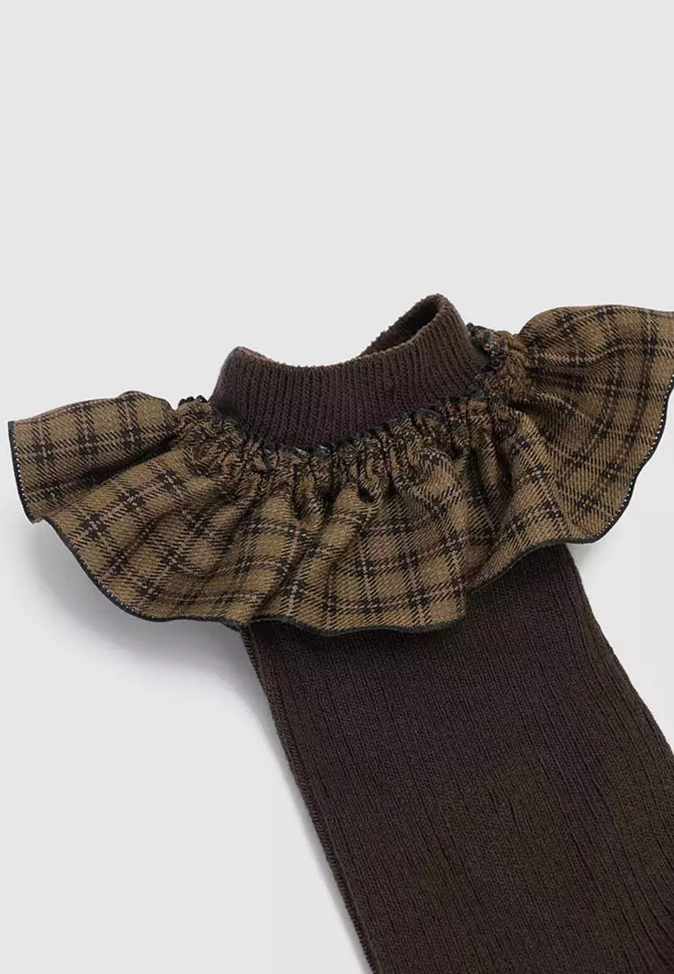 Plaid Ruffle Cuff Textured Knit Cotton Sock