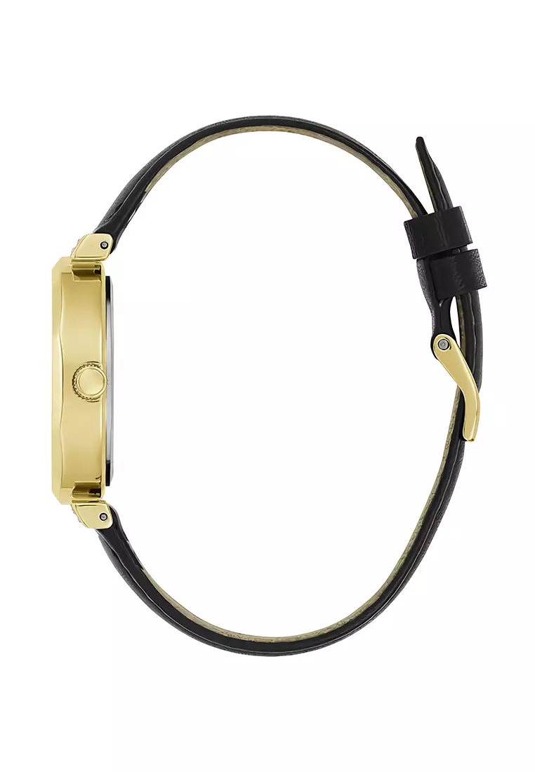 Guess Ladies Watch Rumour Jam Tangan Analog Wanita - Gold Case Black Leather Strap - GW0689L2