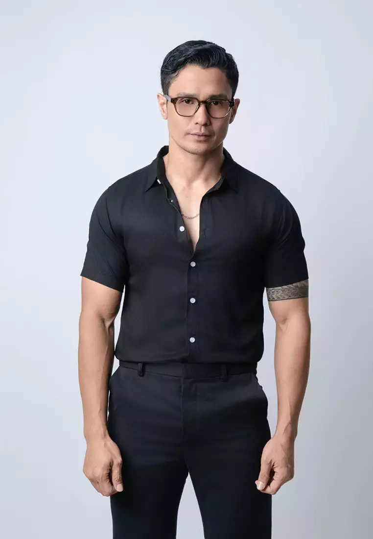Viscose Solid Black Casual Shirt SS