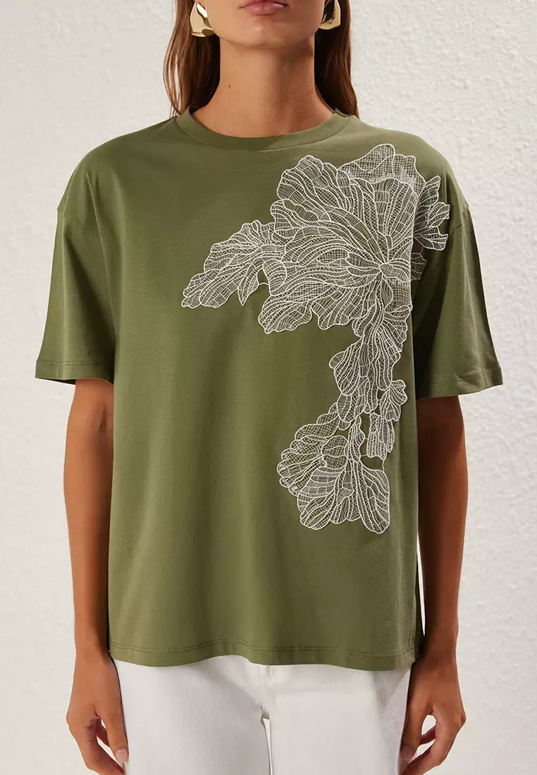 Khaki Accessory Detailed Oversize/Wide Pattern Knitted T-Shirt