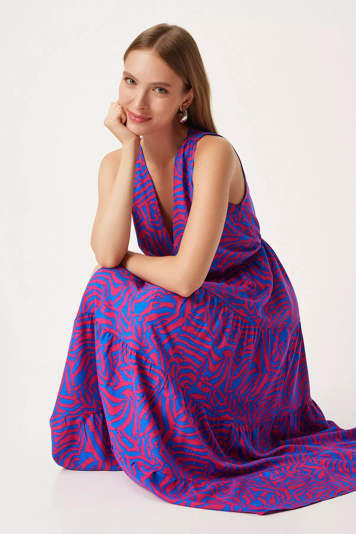 Pink Patterned Long Sleeveless Regular Dress