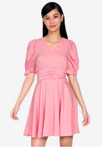 ZALORA BASICS pink Ruched Waist Fit & Flare Dress D2751AA8FE6F87GS_1