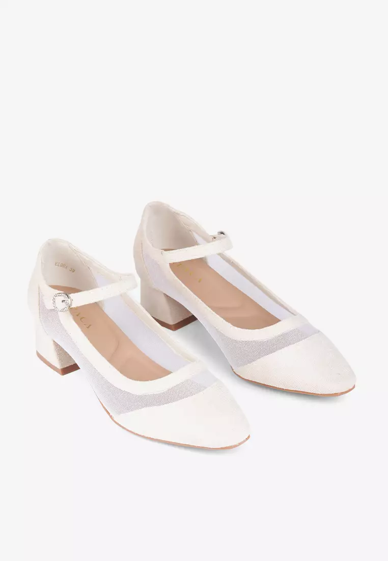 Elora Transparent Mesh Suede Block Heels Mary Jane in Beige