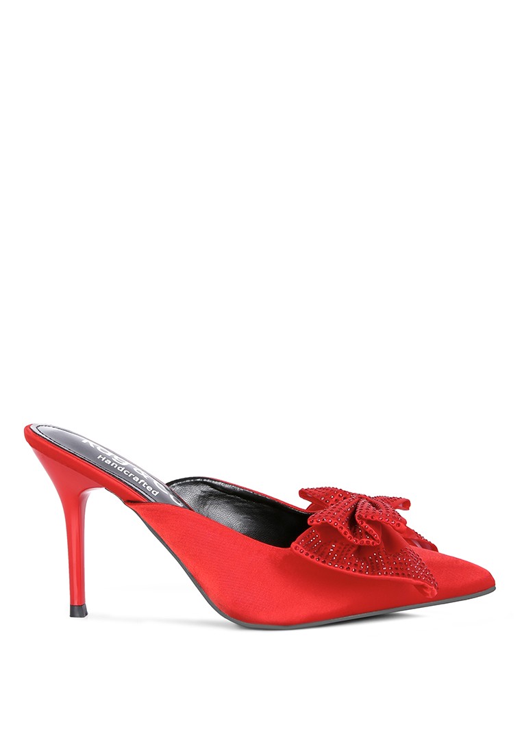 Red Diamante Bow Slip On Sandals