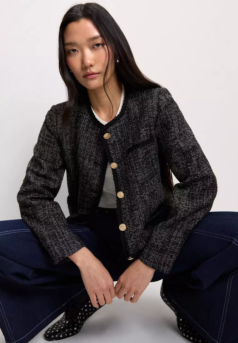 Tweed Contrast Trim Jacket - Black